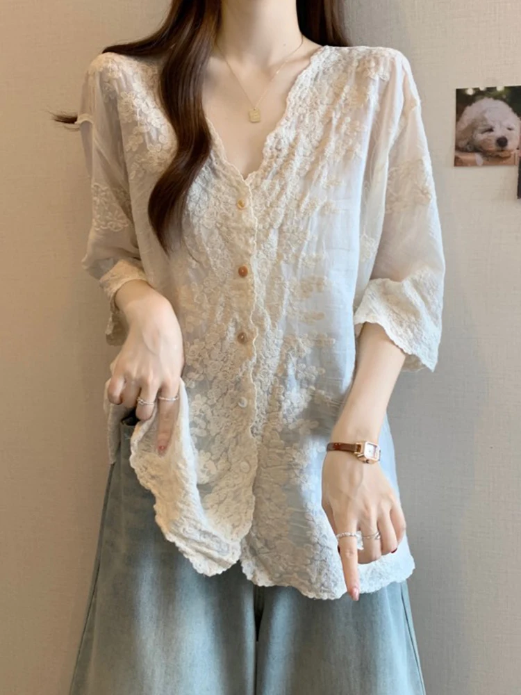 

French Sle V-Ne Embroidered Cotton Linen Open Cardigan Women's plus Size Summer irt Sunade Coat oulder Pad Top