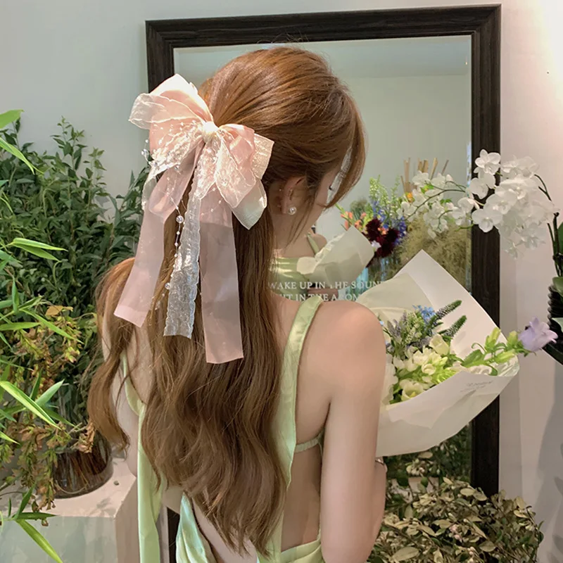 

Mermaid Apricot Hairclip Bling Fine Flash Big Bow Top Clip Back Of Head Temperament Hair Barrettes Accessories Women Fashion