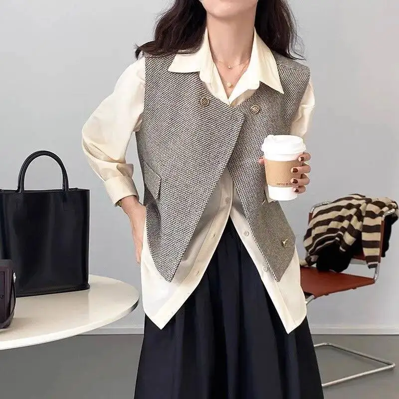 여성용 빈티지 숏 트위드 조끼, 모든 스타일에 어울리는 더블 브레스티드 민소매 탑, 가을 신상 스트릿웨어 웨스트코트