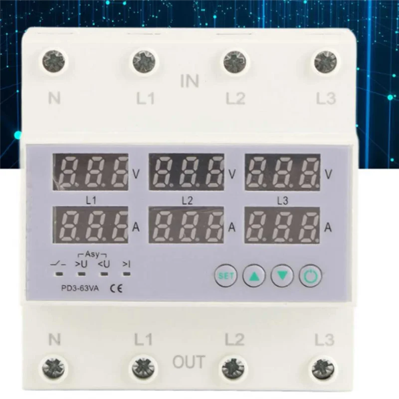 AC56-3 Phase DIN Rail Voltmeter Ammeter Automatic Overvoltage Overcurrent Protector AC 390‑500V