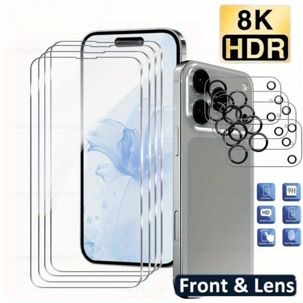 

[8-в-1] 4 шт. сверхпрозрачное закаленное стекло и 4 шт. Защитная пленка для объектива для IPhone 17 17 Promax 14 16 Promax 12 13Mini 13 Promax 15 Plus