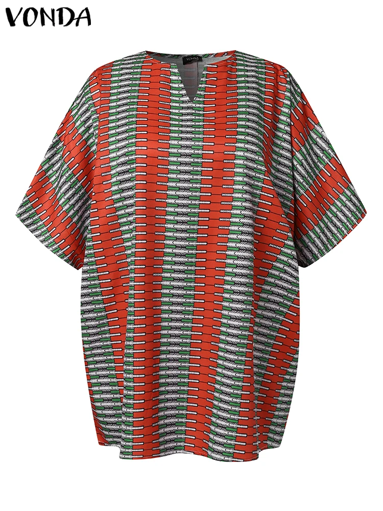 Plus Size 5XL VONDA Women Blouse 2025 Short Sleeve Printed Tops Female Blouses Vintage V-Neck Tunic Casual Loose Shirts Oversize