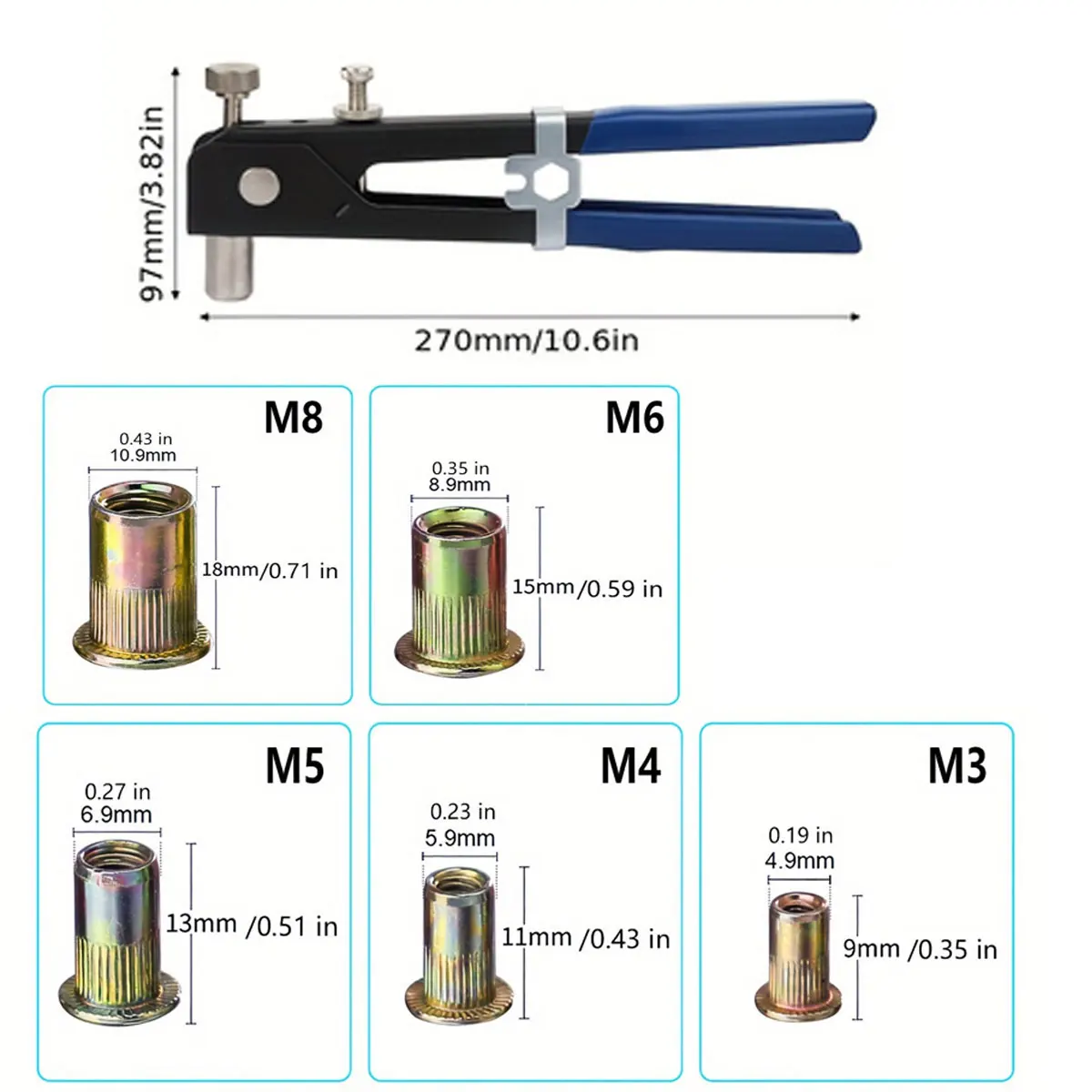 Manual Rivet Gun Tool Wrench Set, Nut Insertion Mandrel M3-M8 Screw Set, Rivet Machine, with Rivet Nut Set.