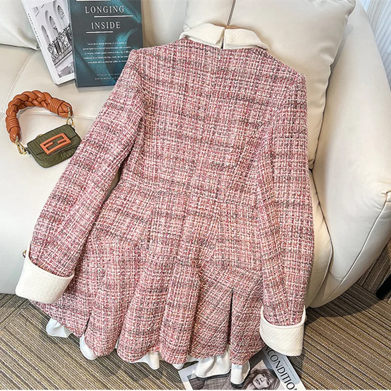 New Arrival Pink Tweed Short Blazer Dress Women Autumn Winter Single-breasted Collision color Splicing Pleated Mini Dress