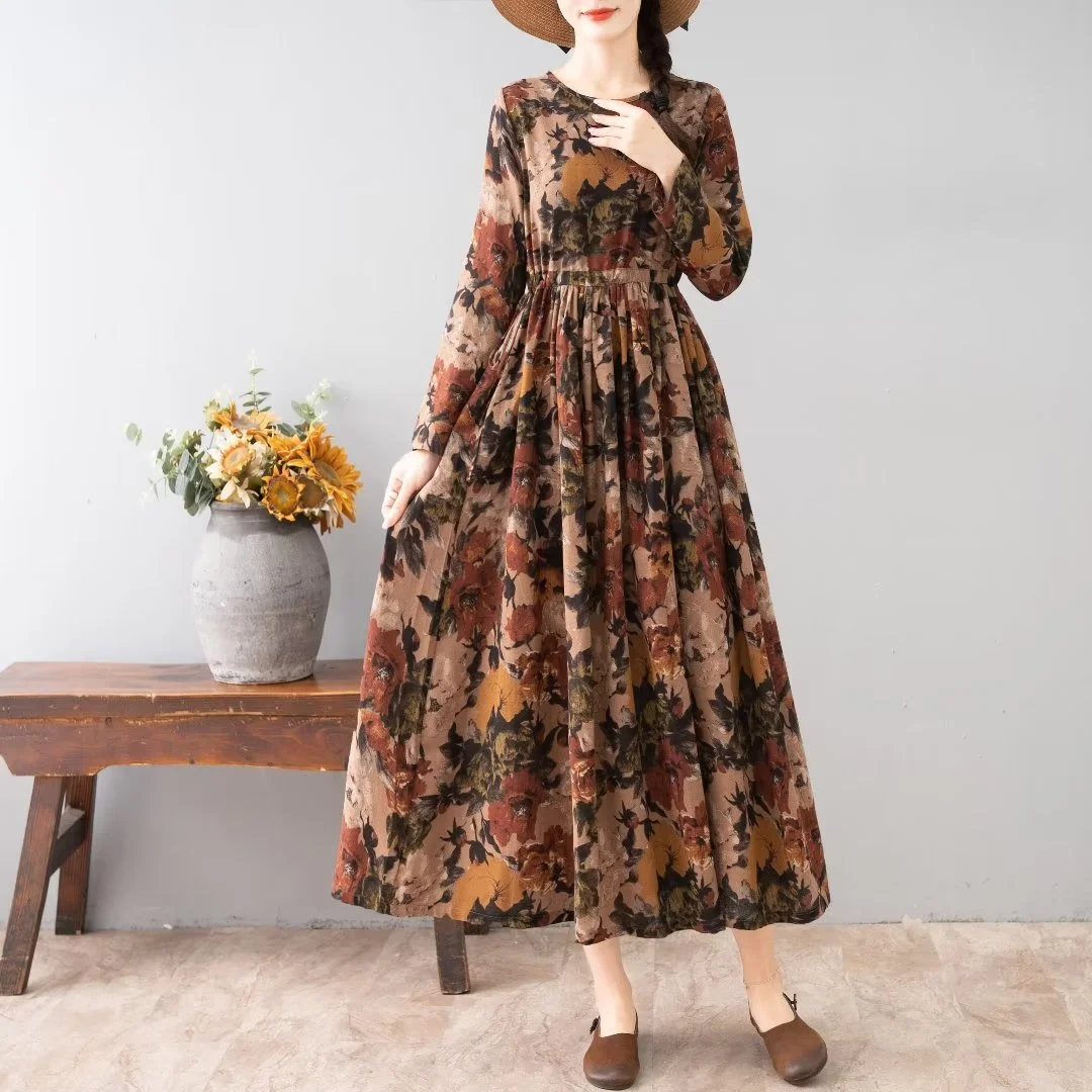 여성용 중간 길이 꽃무늬 프린트 긴 소매 라운드 칼라 캐주얼 통근 가을 시즌 패션 숙녀 드레스 우아한 TS724