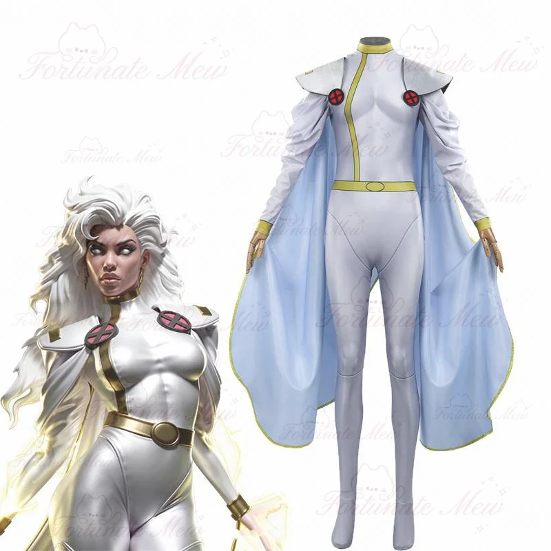 Storm Cosplay Costume Ororo Munroe Jumpsuit with Cape Female Superhero Outfit for Women Halloween Carnival Costume