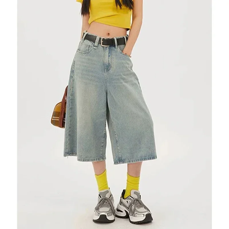 Summer Hot Sale Women Baggy Thin Jeans Girls Light Blue High Waist Capri Pants Lady Korean Solid Casual Denim Shorts