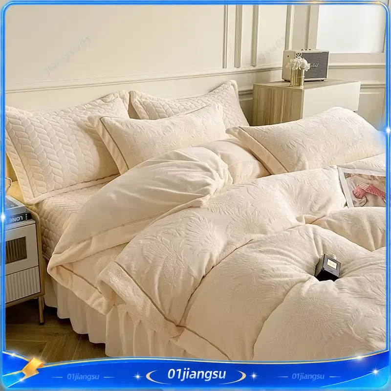 2024 New 3D Carved Milk Fleece Bedding Set 4 Piece Fluffy Breathable Duvet Cover Sheet Pillowcase Winter Warm Soft Home