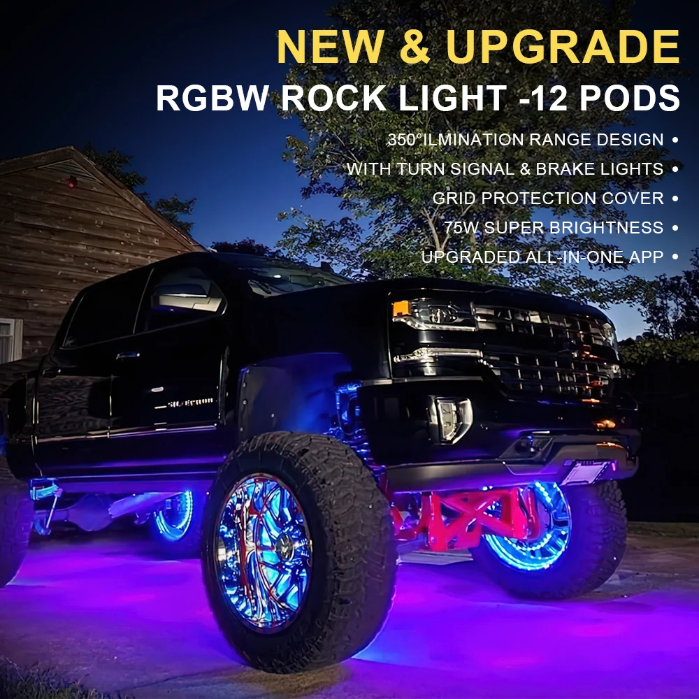 121 Modes 4 8 12 16 Pods RGB RGBW LED Rock Lights with Brake Light Turn signal Offroad Truck ATV Underglow Rock Neon Light Kits