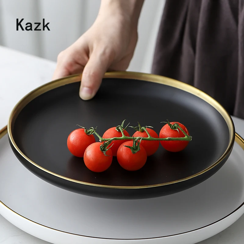 Black White Matte Porcelain Dinner Plate Nordic Gold Stroke Spaghetti Western Plates and Bowls Salad Dishes Kitchen Tableware