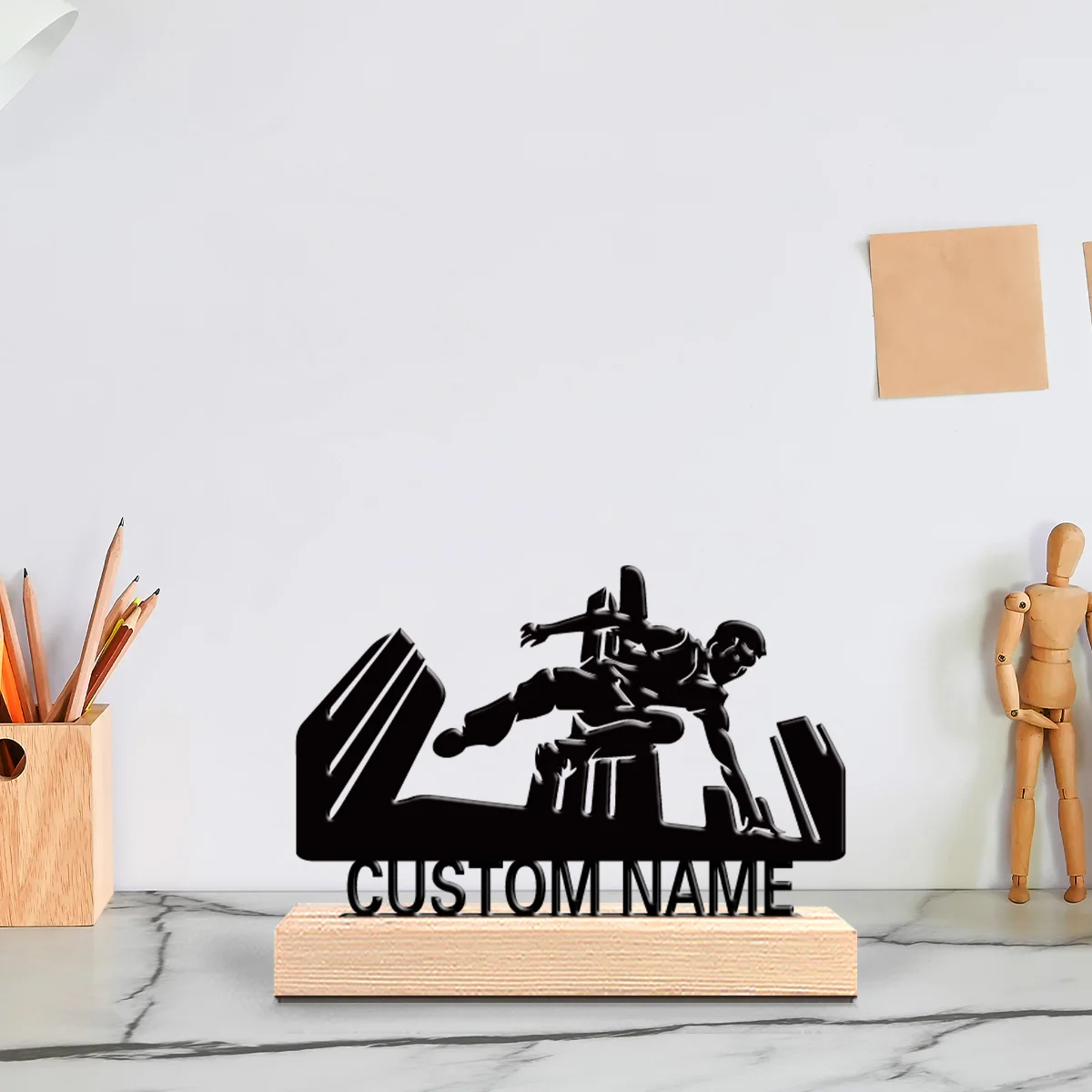 1pc Hurdles athlete Personalized Name Metal Statue Metal Ornament Art Figurine With Wood Base Iron Sculpture For Home Desk Decor