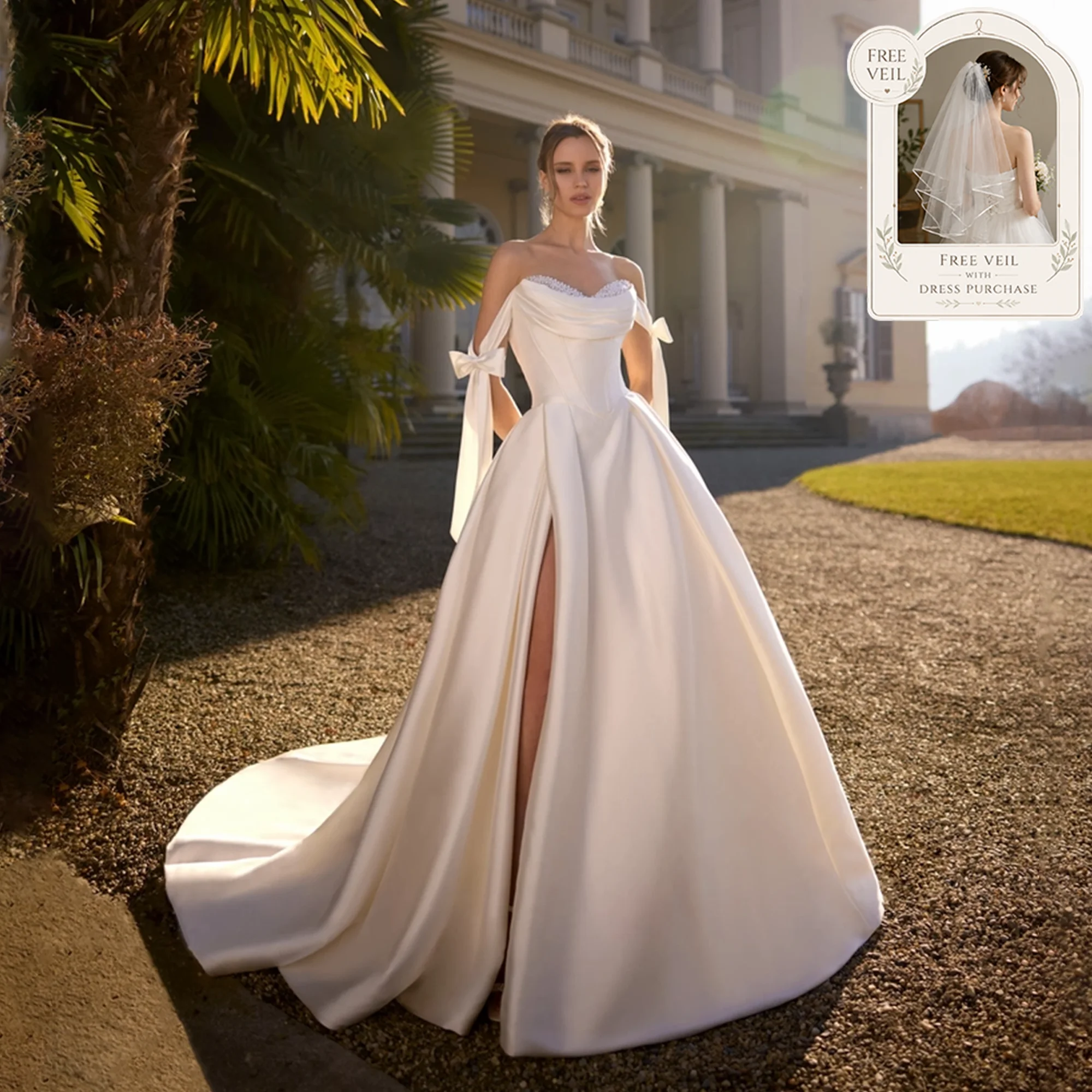 Elegant Beaded A-Line Wedding Dresses Sweetheart Off Shoulder Slit Bride Gowns Pearls Satin vestidos de novia Customized