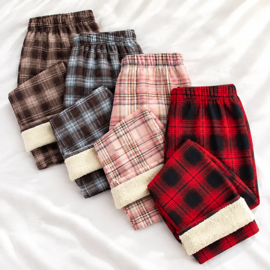 1pcs Women Gride Warm Plush Pants Thicken Ladies Winter Casual Loose Wide-legged Pant Student Fashion Korean Streetwear Trousers