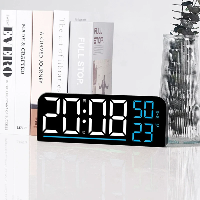Large Screen LED Digital Wall Clock Time Temperature Humidity Display 2-Alarms Clocks Brightness Adjustable Electronic Clock