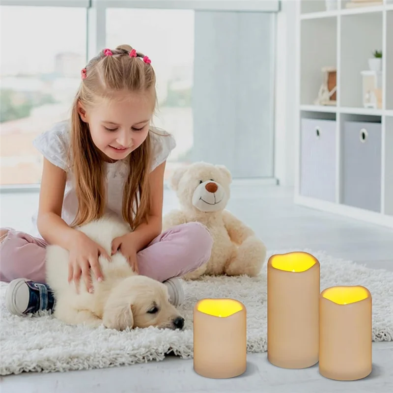 Velas sem chama ABAG 4IN 5IN 6NI Conjunto de 3 pilares internos e externos de 3 polegadas de diâmetro Velas cintilantes operadas por bateria com controle remoto