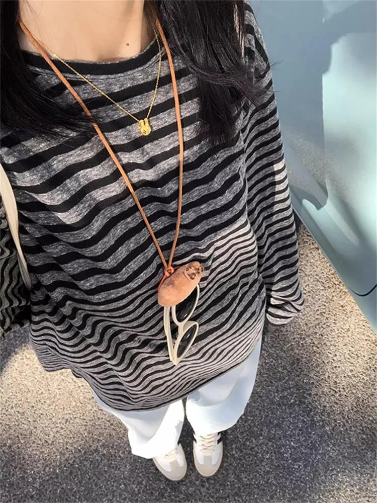 Herbst Frauen Harajuku Gestreiften T-shirt Lange Hülse O-ansatz Casual Oversize Top Femme Streetwear Schwarz Grau Lose Straße Tops Y2K – Detail 16