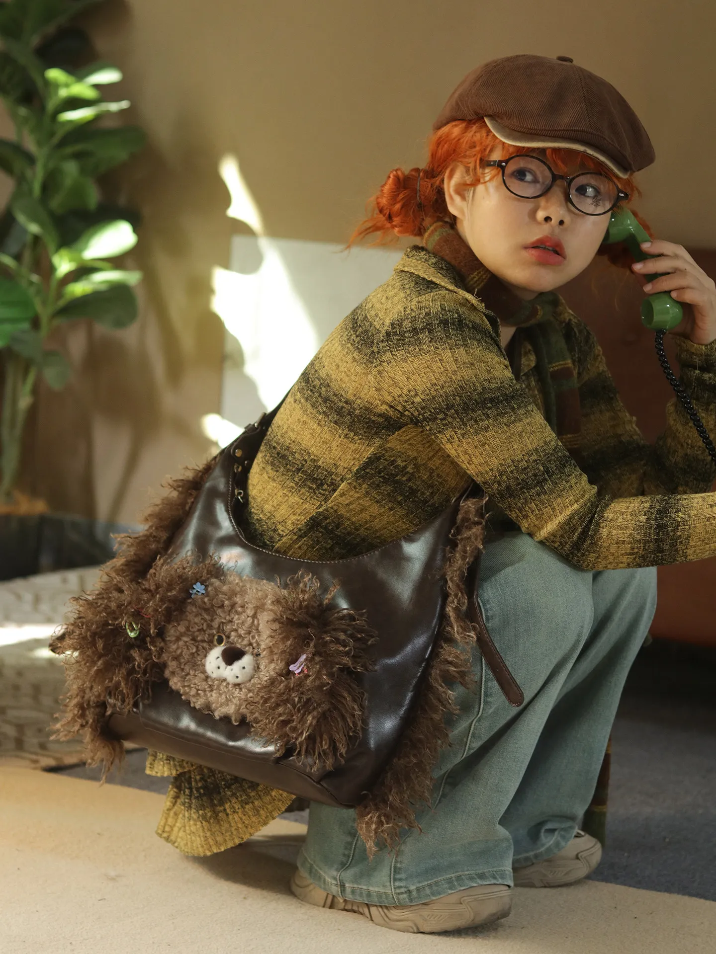 Original Retro Fried Puppy Plush Bag Autumn and Winter Cartoon Casual Versatile Girl Long Hair Shoulder Messenger Bags for Women