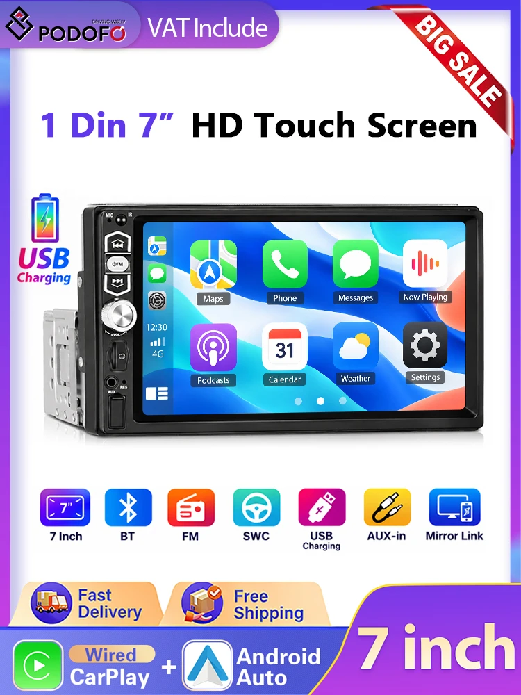 Podofo 7-calowy 1DIN samochodowy odtwarzacz multimedialny z funkcją CarPlay, Android Auto, Mirror Link, odtwarzacz MP5, ekran dotykowy LCD, radio samochodowe, Bluetooth, radio FM, sterowanie z — 2