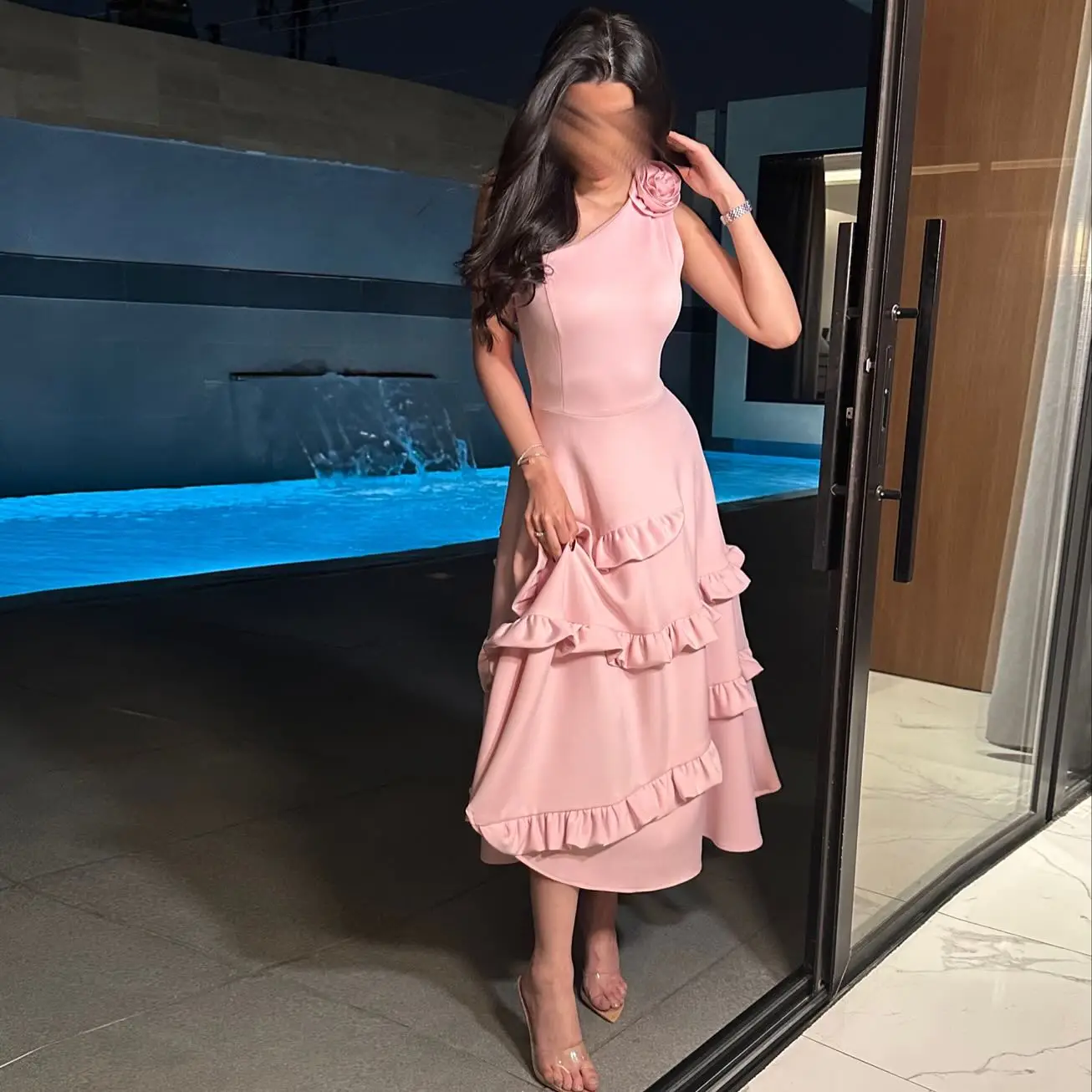 

Beautywave Elegant One Shoulder Pink Prom Gown Womens Floral Party Evening Dress Ankle Length Special Occasion Gowns customized