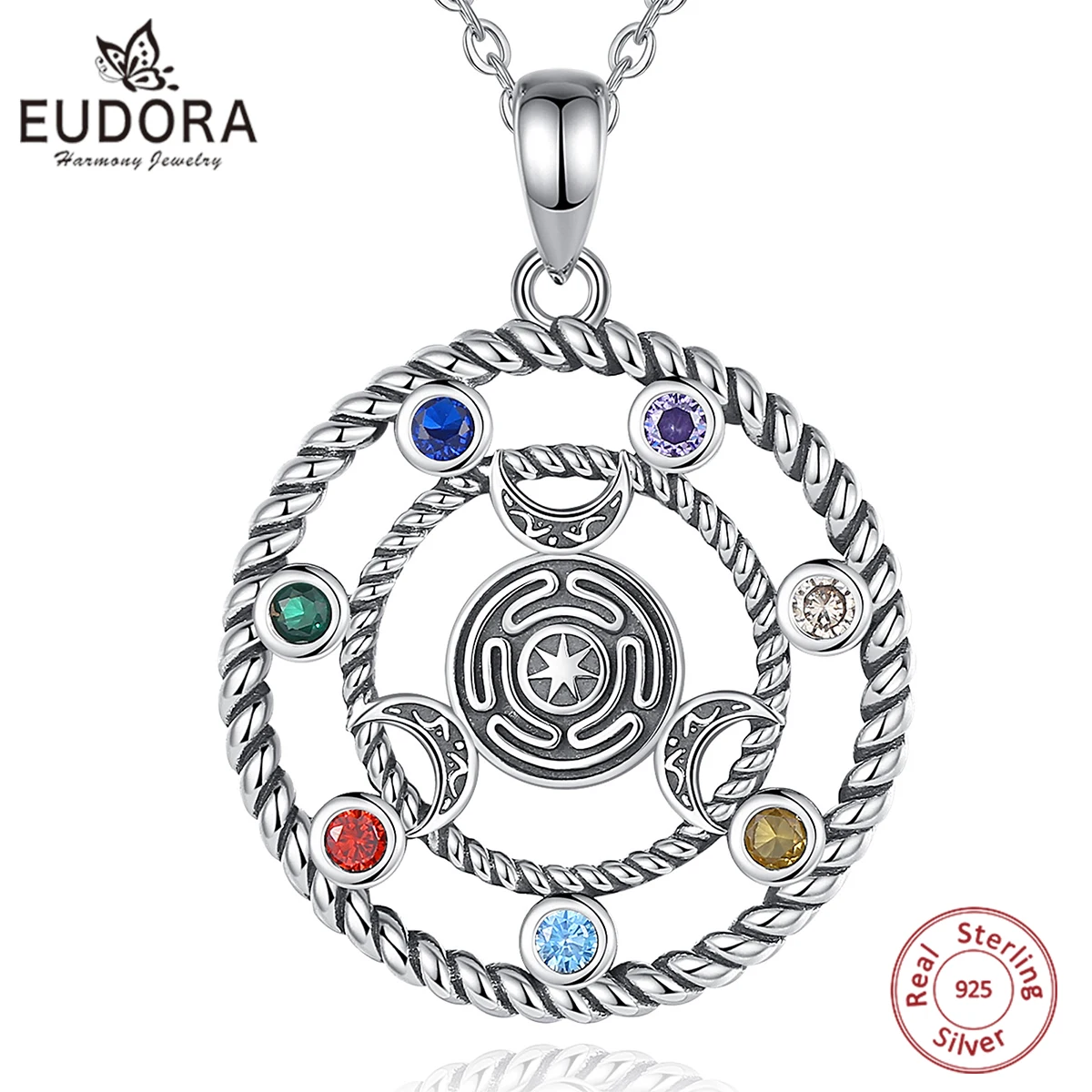 Eudora 925 Sterling Silver Hecate Wheel Necklace 7 chakras Triple Moon Goddess Amulet Pendant Witch Jewelry for Women Man Gift