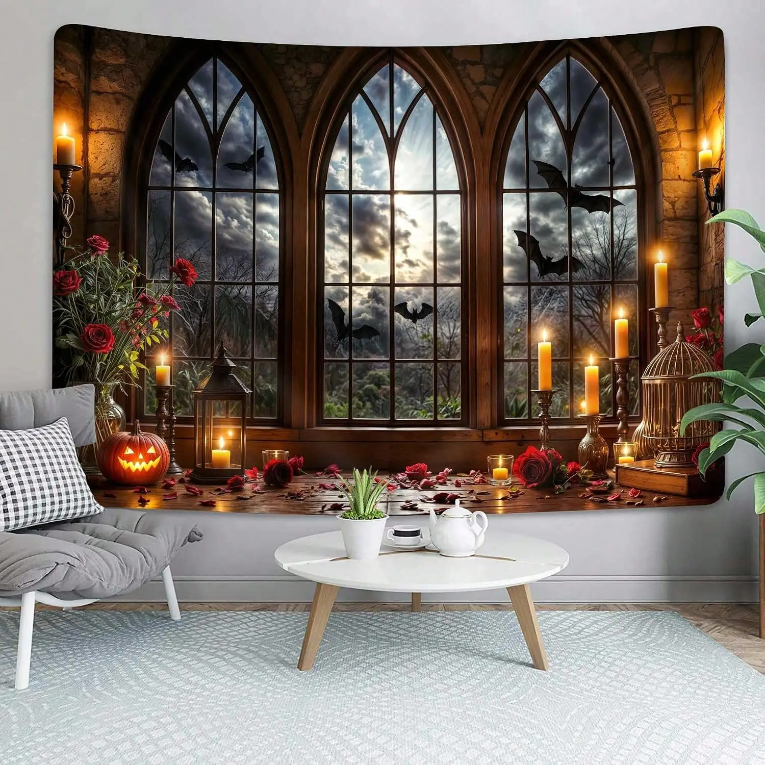 INGIFTA Halloween Decor- Halloween Gothic Window Tapestry, Spooky Bat Jack-O-Lantern Wall Hanging, Vintage Medieval Castle Window Backdrop With Candles And Roses, Dark Academia Aesthetic Tapestry Halloween Decor Room Decor, Wall Decor. Halloween Gifts view 6