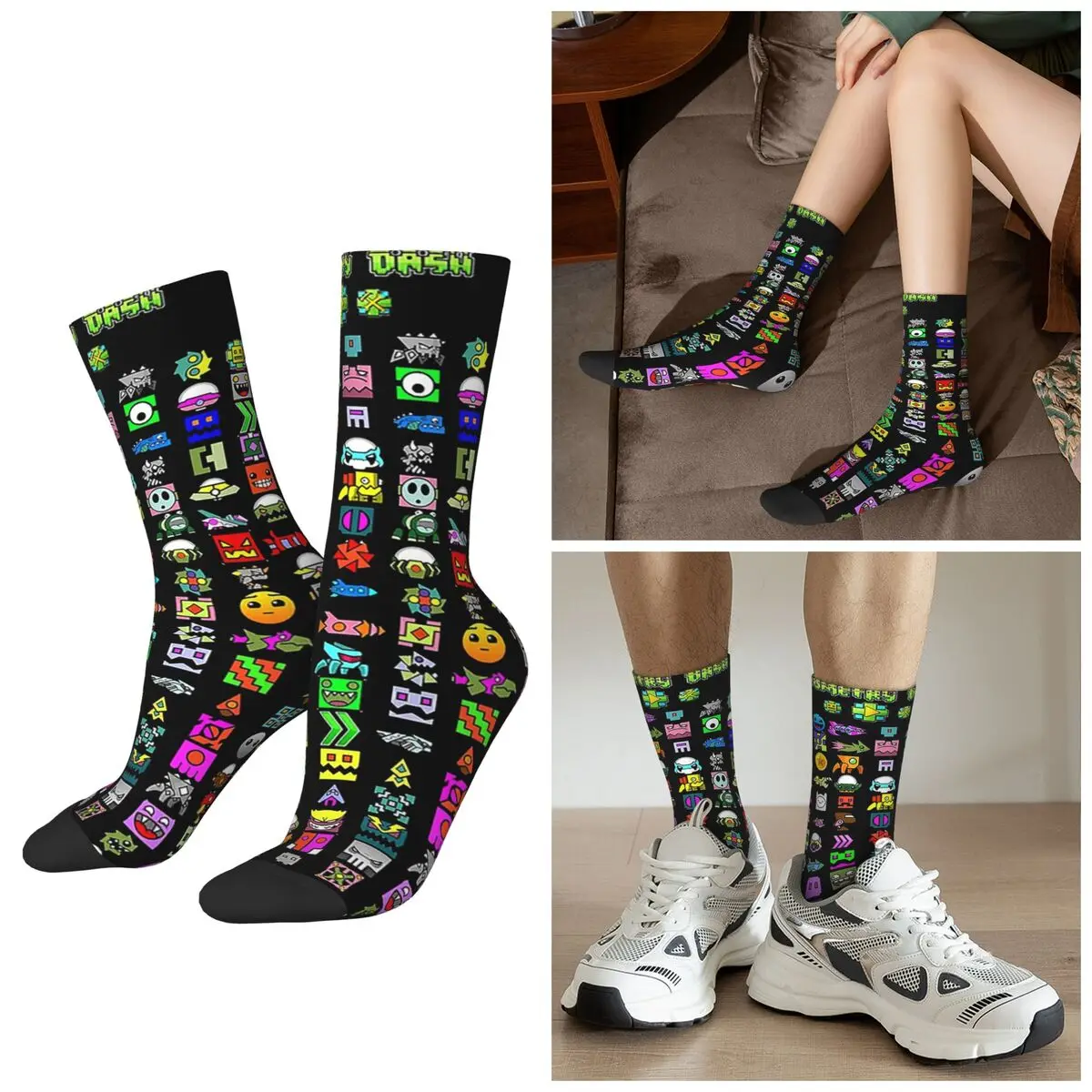All Seasons Geometry Dash Socks Harajuku Sport Middle Tube Socks Funny Stockings for Men Women Valentine's Day Gifts