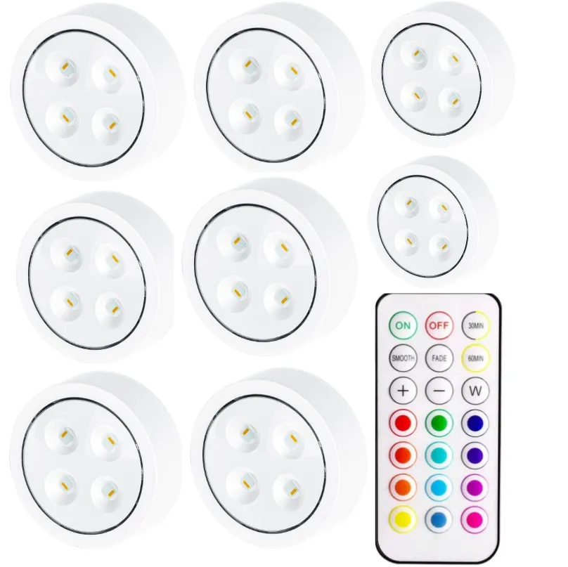 Wireless Under Cabinet LED Lights For Kitchen RGB Color Changing Puck Night Light Remote Control Closet Lamp Battery