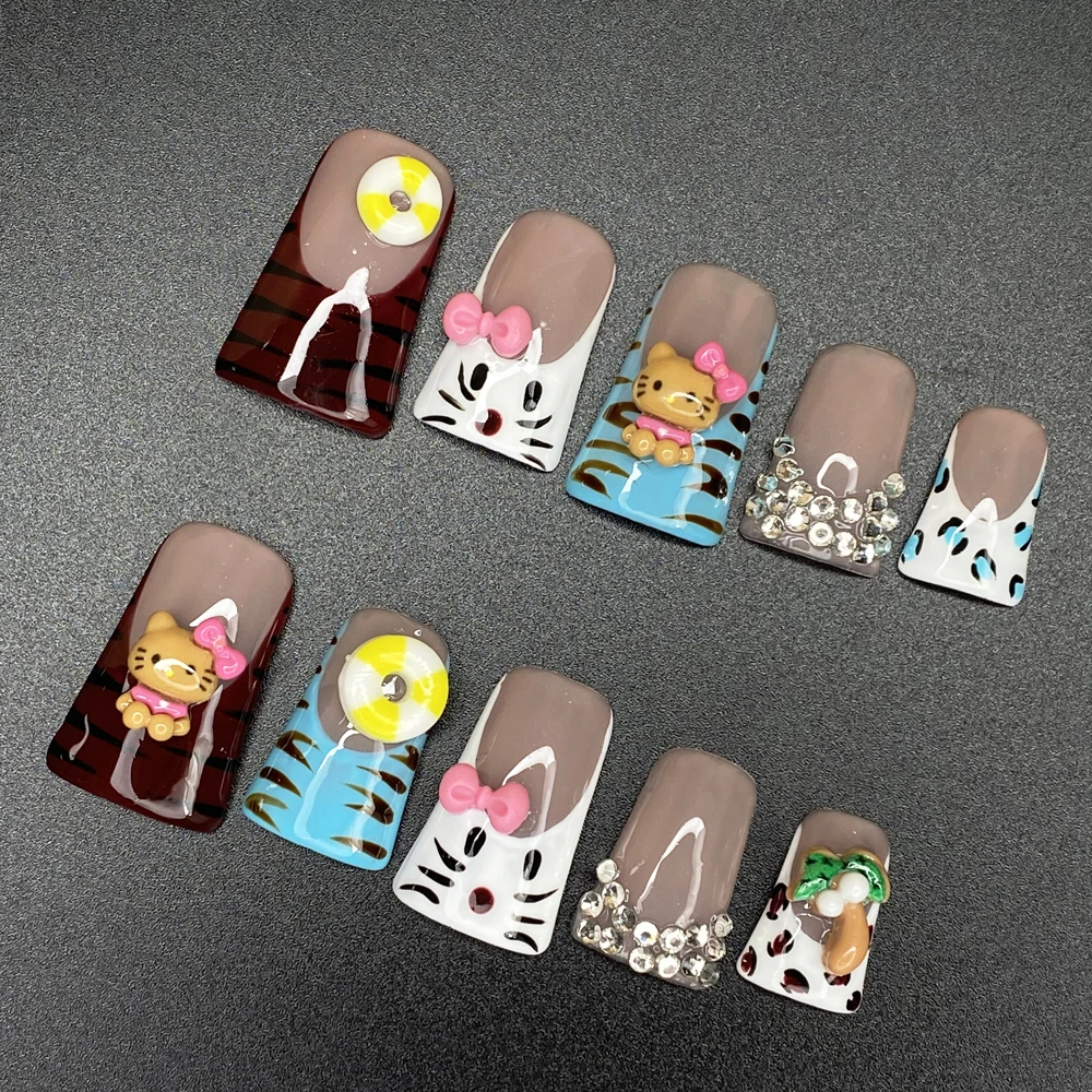 10PCS Charms Hand Paint Artificial False Durable Thickness Acrylic Nails UV Gel Glossy Cover Decoration Nail Sets for Christmas