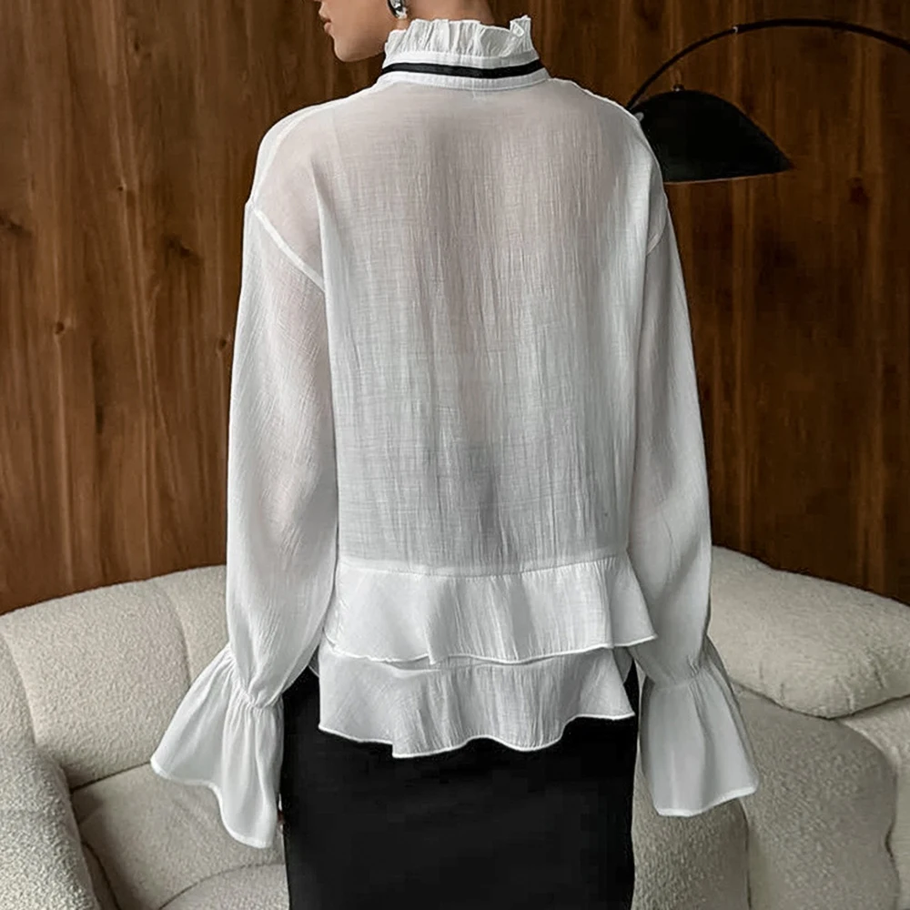 Damska koszula z długim rękawem, marszczona, dopasowana, w stylu europejsko-amerykańskim, elegancka warstwowa bluzka, nowa jesienna moda.