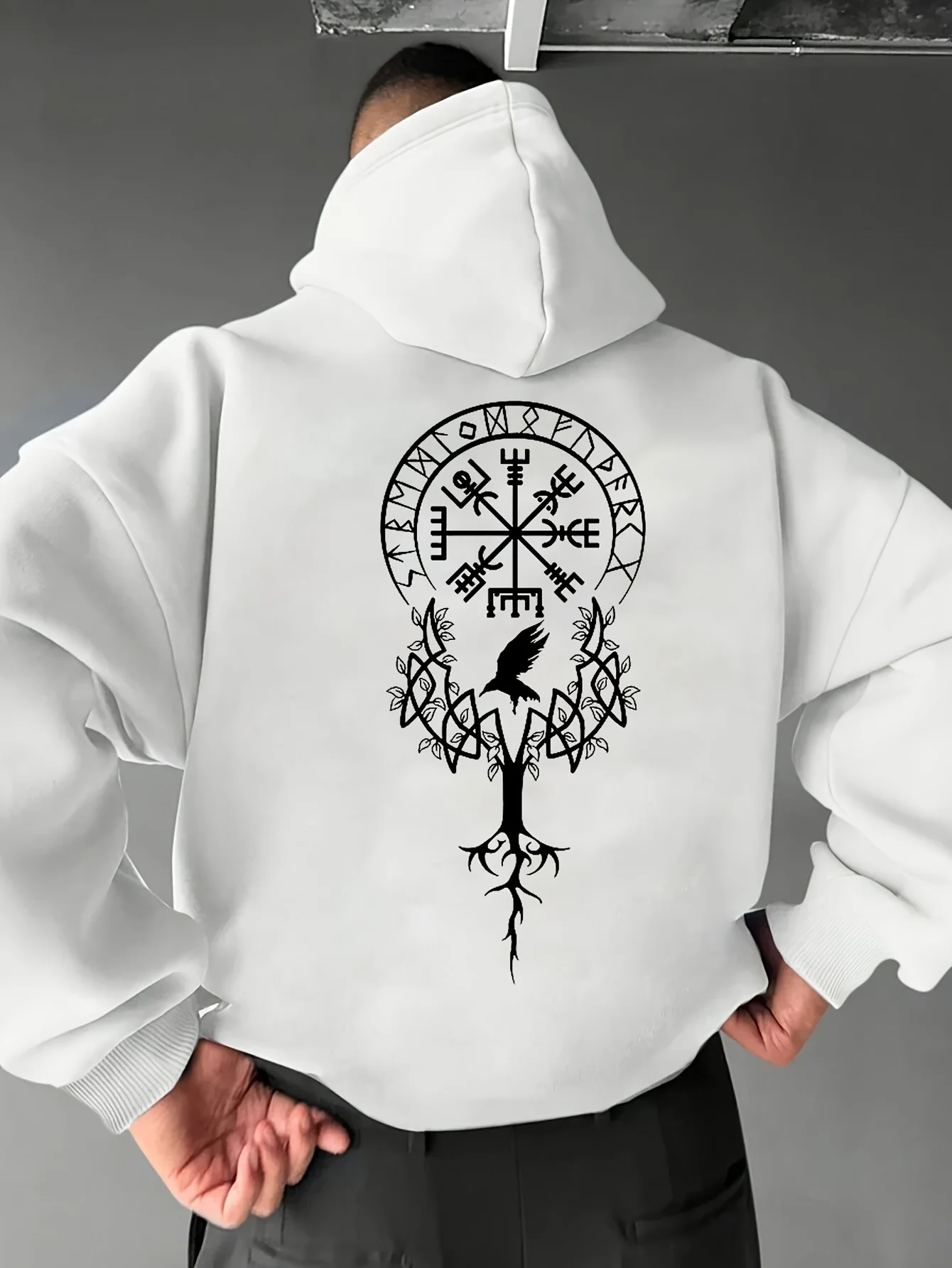Moletom com capuz de lã com estampa Viking Vegvisir, quente para o inverno, masculino, casual, esportivo, para academia, pulôver folgado para treino, 