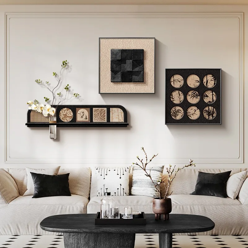 Three-dimensional solid wood sofa background wall decorative painting living room Italian minimalist hanging painting Chinese an