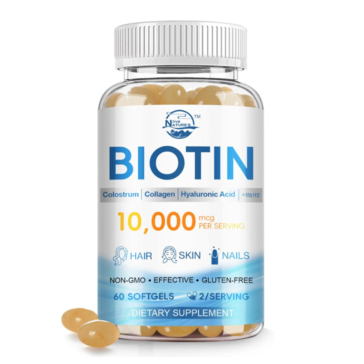 Biotin 10000mcg with Collagen & Hyaluronic Acid - Hair Skin Nails Vitamins, 60 Softgels, Non-GMO, Gluten-Free Supplement