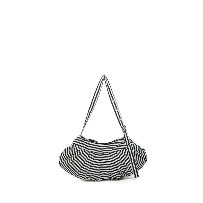Gestreifte Plissierte Hobo-Canvas-Schultertasche, Vielseitige Damen-Handtasche für den Arbeitsweg, Tägliche Casual-Chic-Handtasche, Leichtgewicht – Detail 6