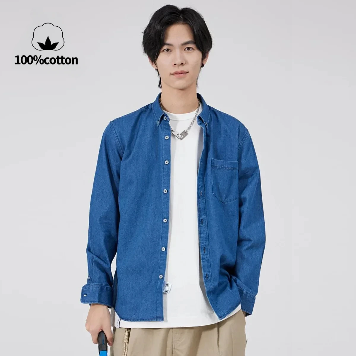 High-quality men's loose casual denim shirt made of 100% cotton, breathable and sweat-wicking outer jacket, long denim outfit.