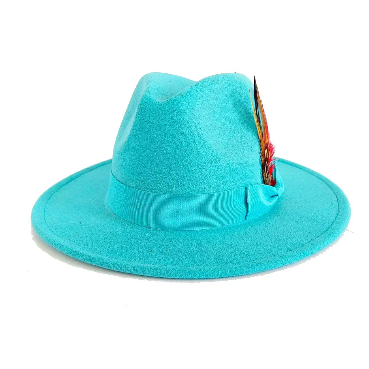 Lake blue fedora 7cm brim feather accessories autumn and winter hat men's winter hat men's and women's jazz hat women sombrero