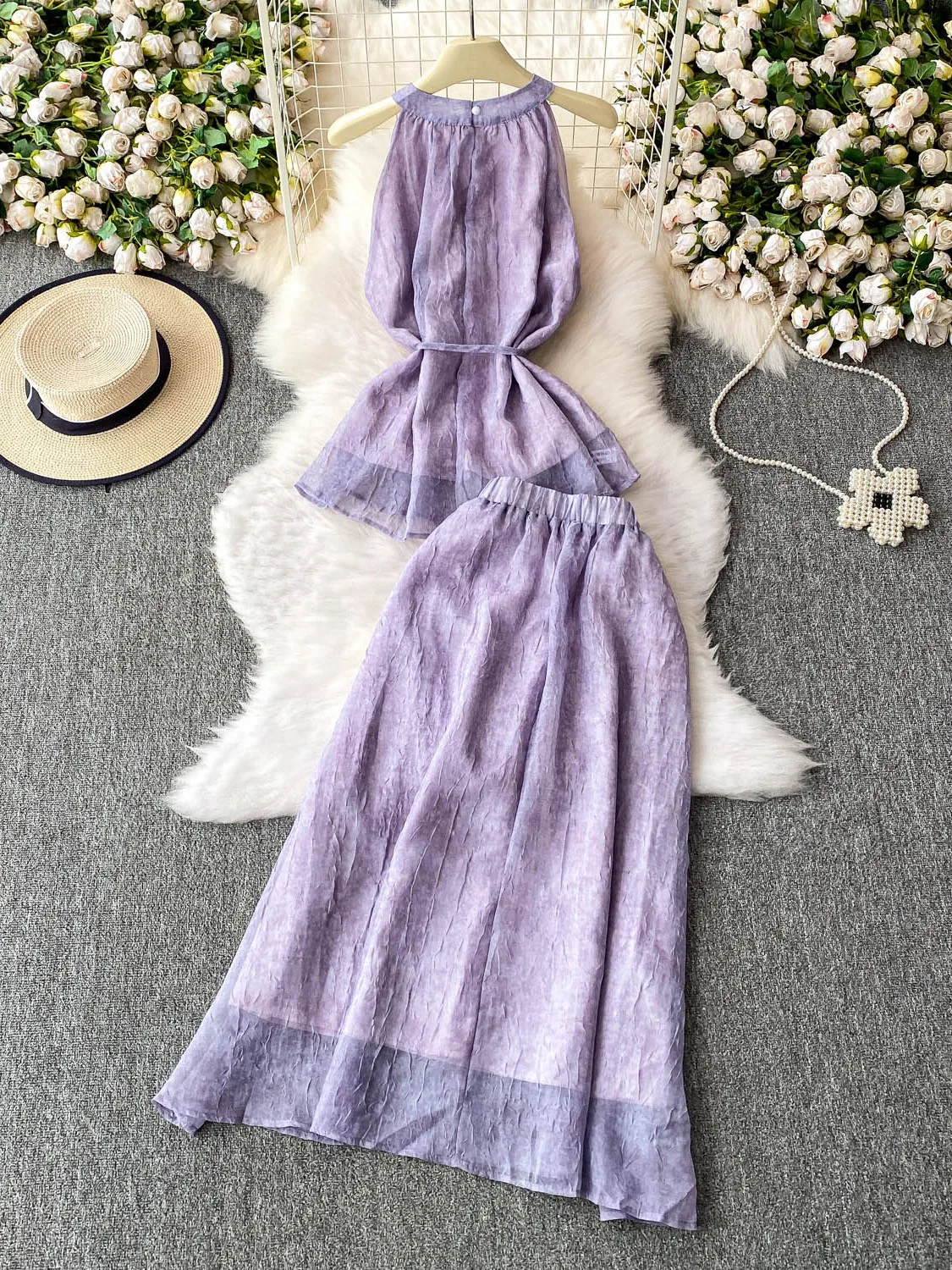 

Ele Purple 3D Flower Ne Hanging Svel Waist Cinching Vest Top Set Высокая талия Утягивающая длинная юбка Faionable Women...