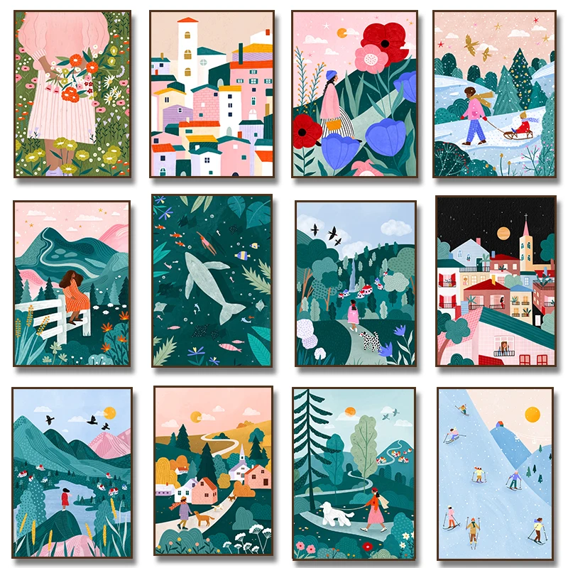 Póster de paisaje ilustrado para niña con perro, paseo, bosque, ciudad nevada, flor, esquí, lienzo, pintura impresa, arte para sala de estar, decoración del hogar