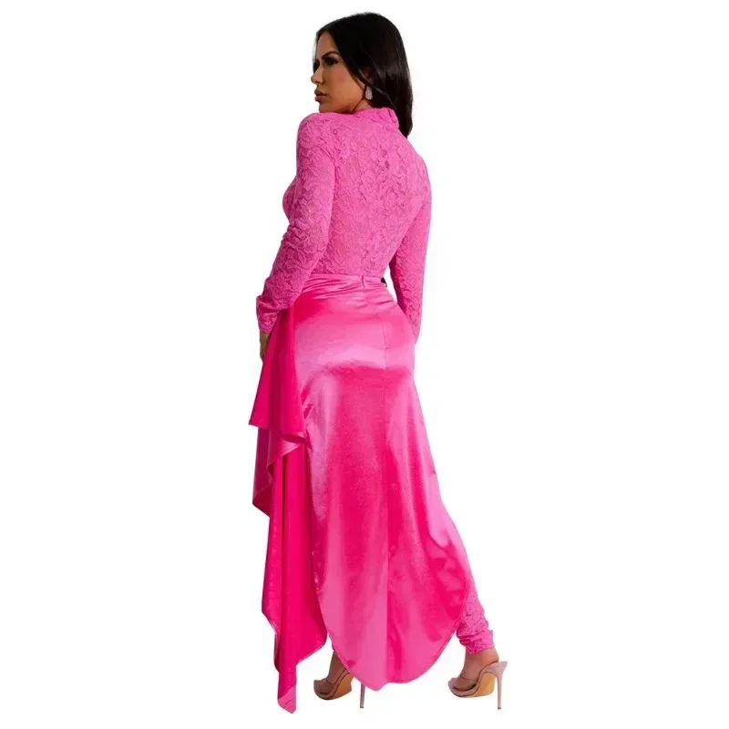 Sexy Solid Color Round Neck Long Sleeved Slim Fitting Jumpsuit Paired with A Lace Up Half Body Cape Skirt 2 piece Set for Women