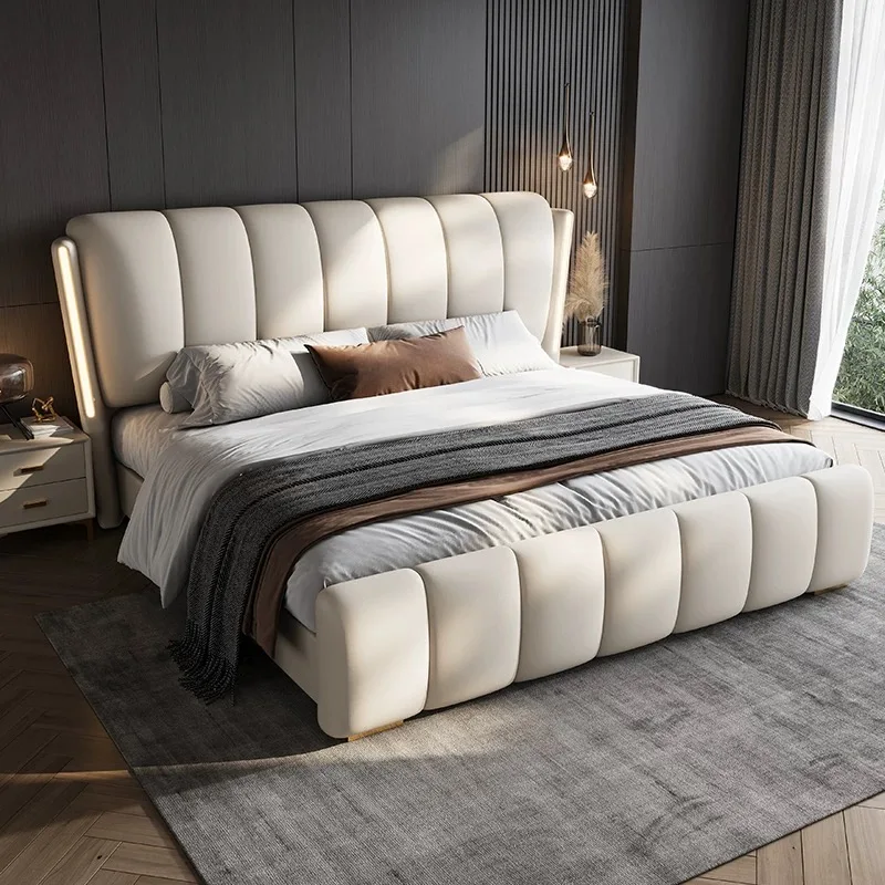 Modern Luxury  Bedroom Furniture Wooden Soft Up-holstered Beds With Light king Size Double Bed Frame Leather Set Storage Design