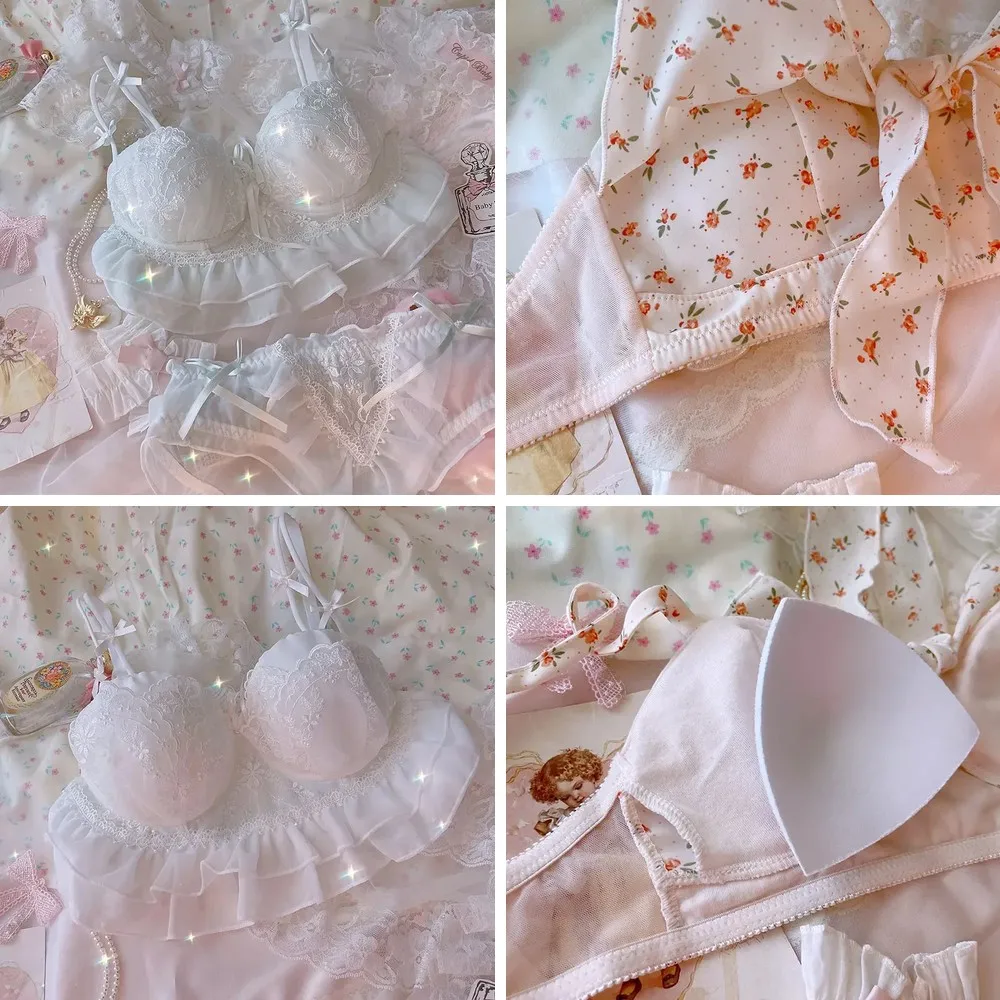 

Girly Lace Bralette and Panty Set, Floral Tube Top with Bow, No Steel Ring Comfort