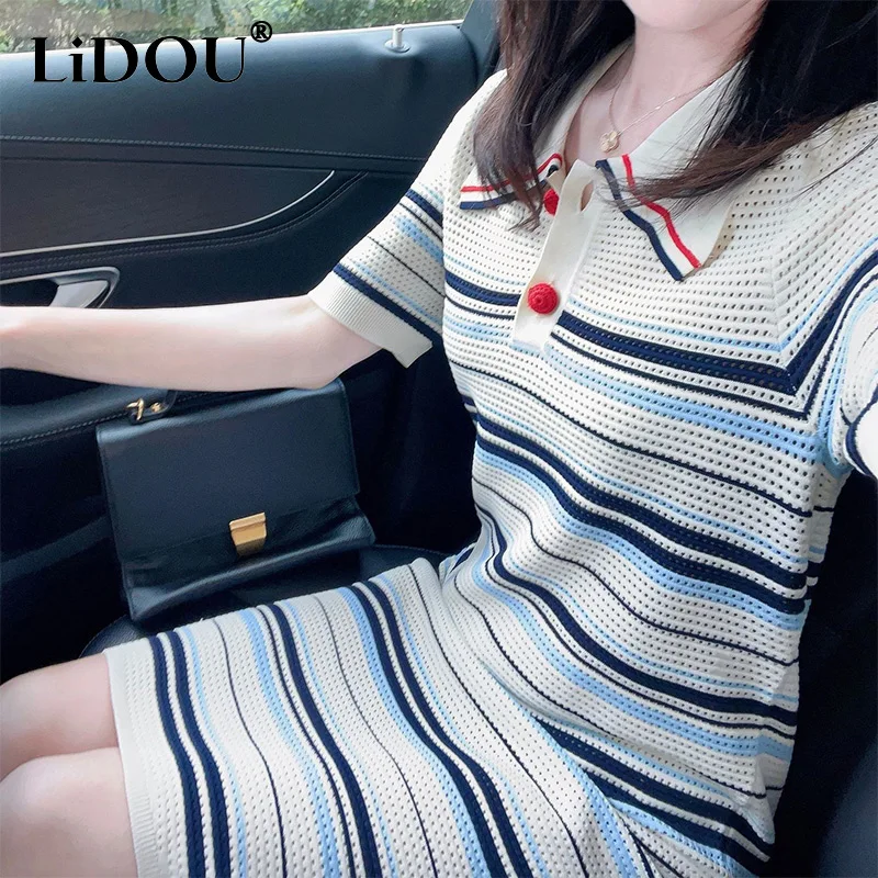 

Summer Elegant Fashion Striped Patchwork Knitted Vestido Women Short Sleeve Hollow Out Casual Robe Femme Contrast Color Dress