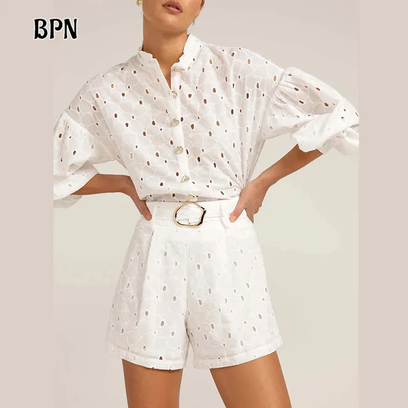 

BPN Casual Two Piece Sets For Women Round Neck Pff Sleeve Shirts High Wiast Loose Wide Leg Shorts Minimalist Set Female Fashion