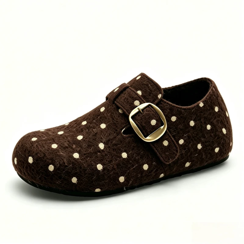 Retro Brown Polka-dot Women's Flats Metal Buckle-detail Round-toe Loafers Comfort Non-slip Autumn Winter Footwear Zapatos Mujer