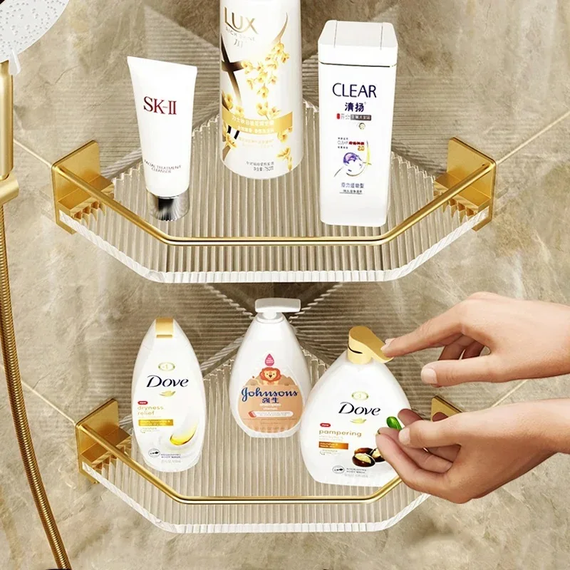 Acrylic Bathroom Shelf without Drilling Gold Rustproof Kitchen Toilet Shower Room Skincare Shampoo Corner Shelf Rack with Hook