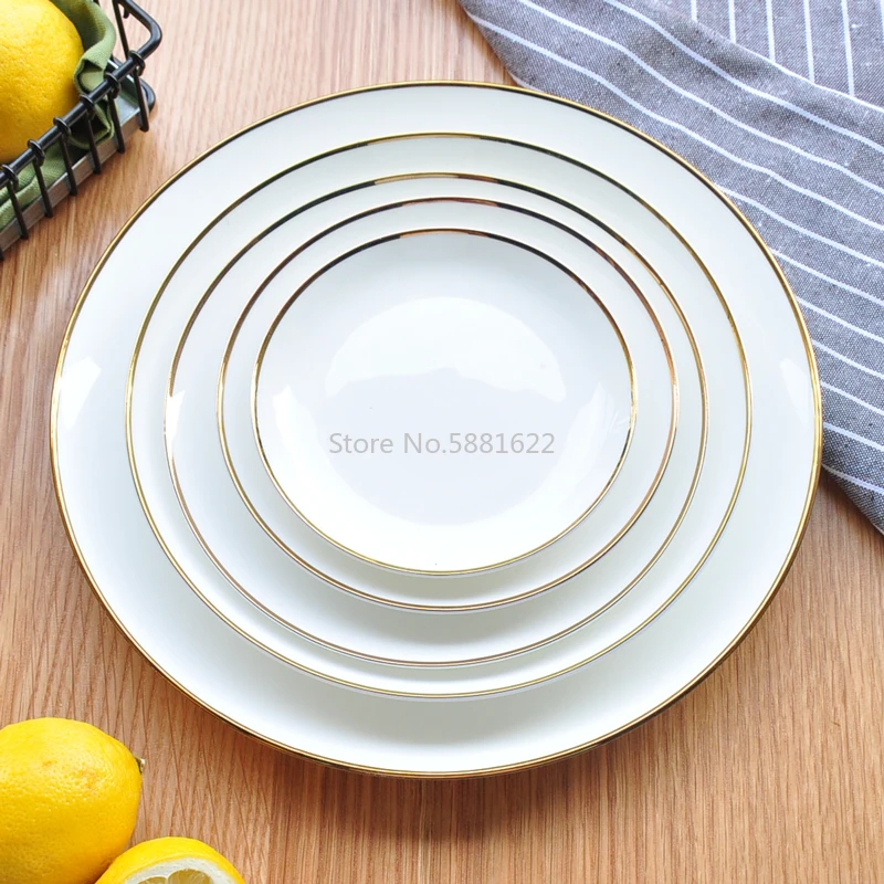 Gold Edge Ceramic Plate Dish White Porcelain Tableware Western-style Dinner Dishes and Plates Sets