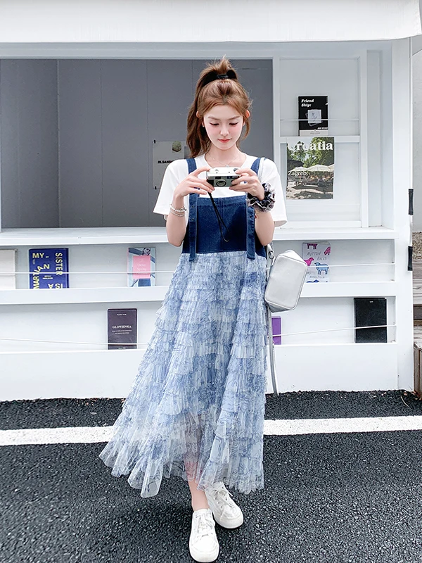 Vestido Longo de Verão F em Jeans Azul com Patchwork Floral, Design de Saia em Camadas, Estilo Coreano, Vestido Solto ...