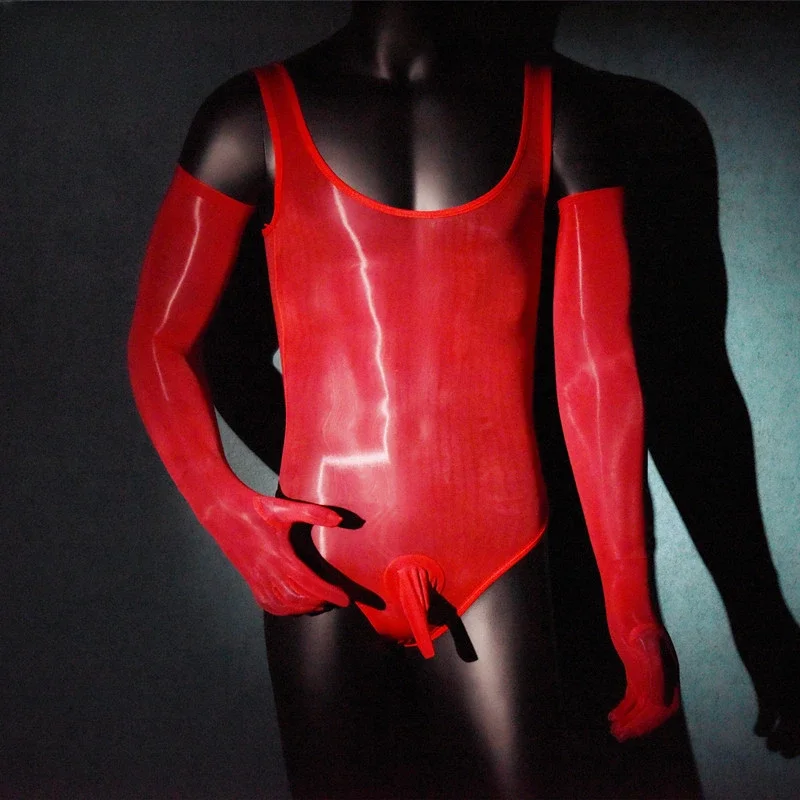 

Glossy Bodysuits Men Sexy Transparent Jumpsuits Gay Man Erotic Lingerie Sheer Mesh Gloves Smooth Underwear Male Sleeveless Vests