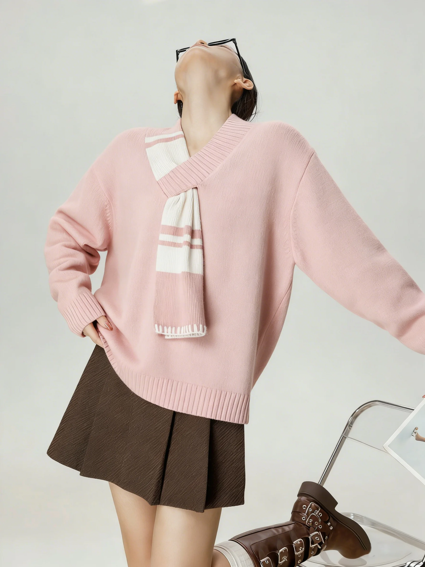 

Korean Sle Pink Scarf Inteated Design Knitted Sweater Spring New Unique Beautiful Miu Series Women's Sweater V-ne Long ...