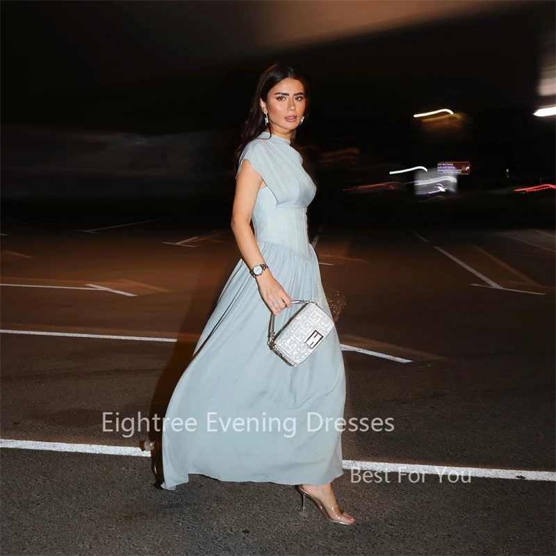 Eightree Elegant Dubai Evening Dresses O Neck Cap Sleeves Homecoming Prom Gowns Soft Satin Party Dresses Tea Length Abendkleider