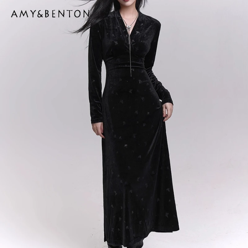 

2025 Autumn Winter Black Velvet Butterfly Women's Dress Gothic Dark Design High-End Sweet Cool Sexy Hot Girl Long Dresses Ladies